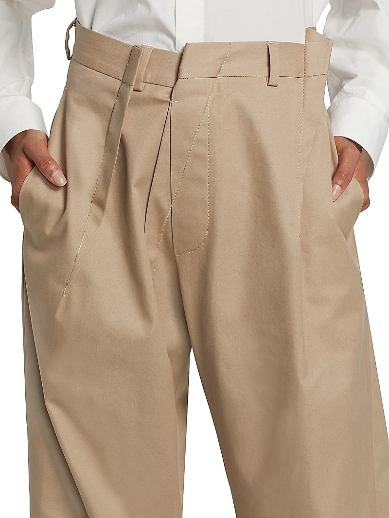 Pleated Cotton Straight-Leg Pants
