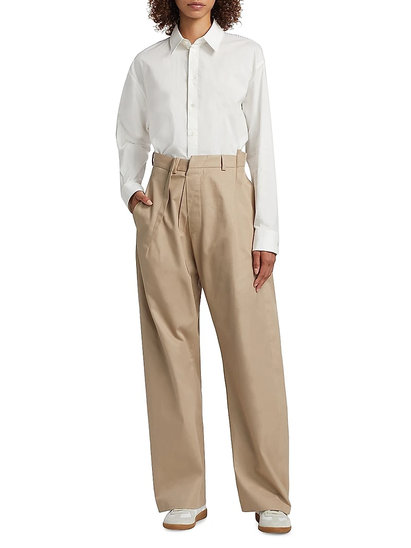Pleated Cotton Straight-Leg Pants