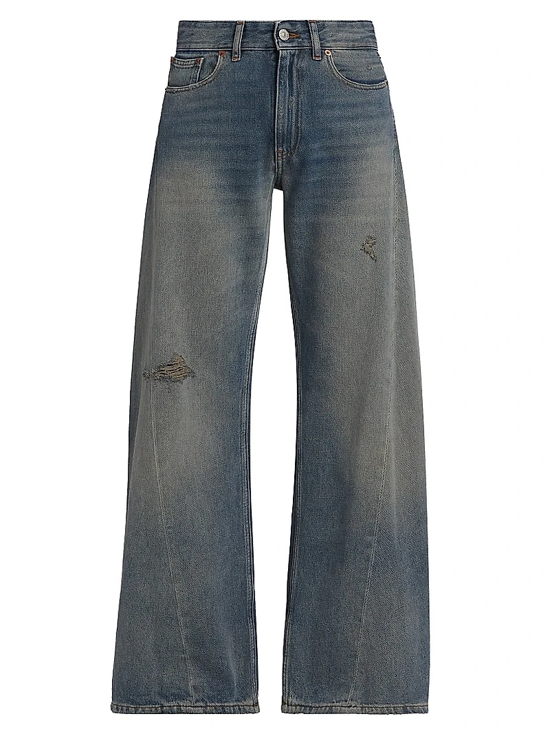 Distressed Mid-Rise Wide-Leg Jeans