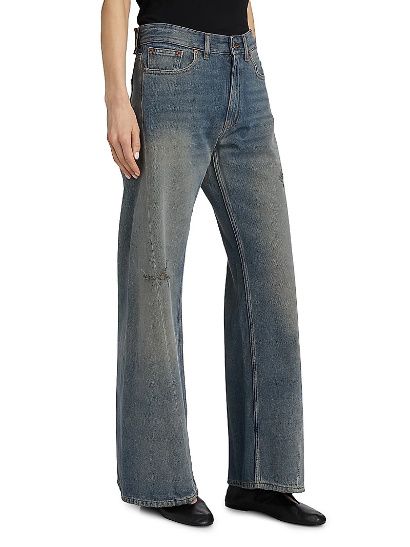 Distressed Mid-Rise Wide-Leg Jeans