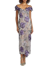 Off-the-Shoulder Floral Threadwork Embroidered Cocktail Dress