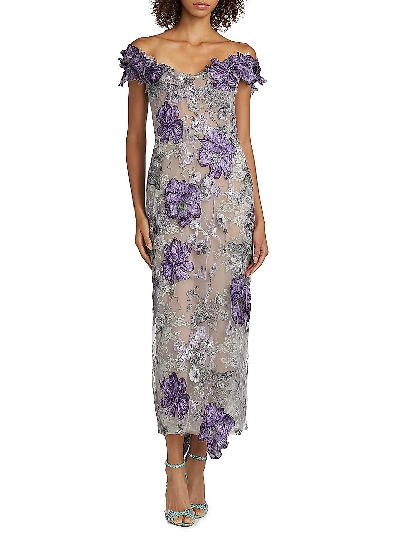 Off-the-Shoulder Floral Threadwork Embroidered Cocktail Dress