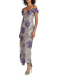 Off-the-Shoulder Floral Threadwork Embroidered Cocktail Dress