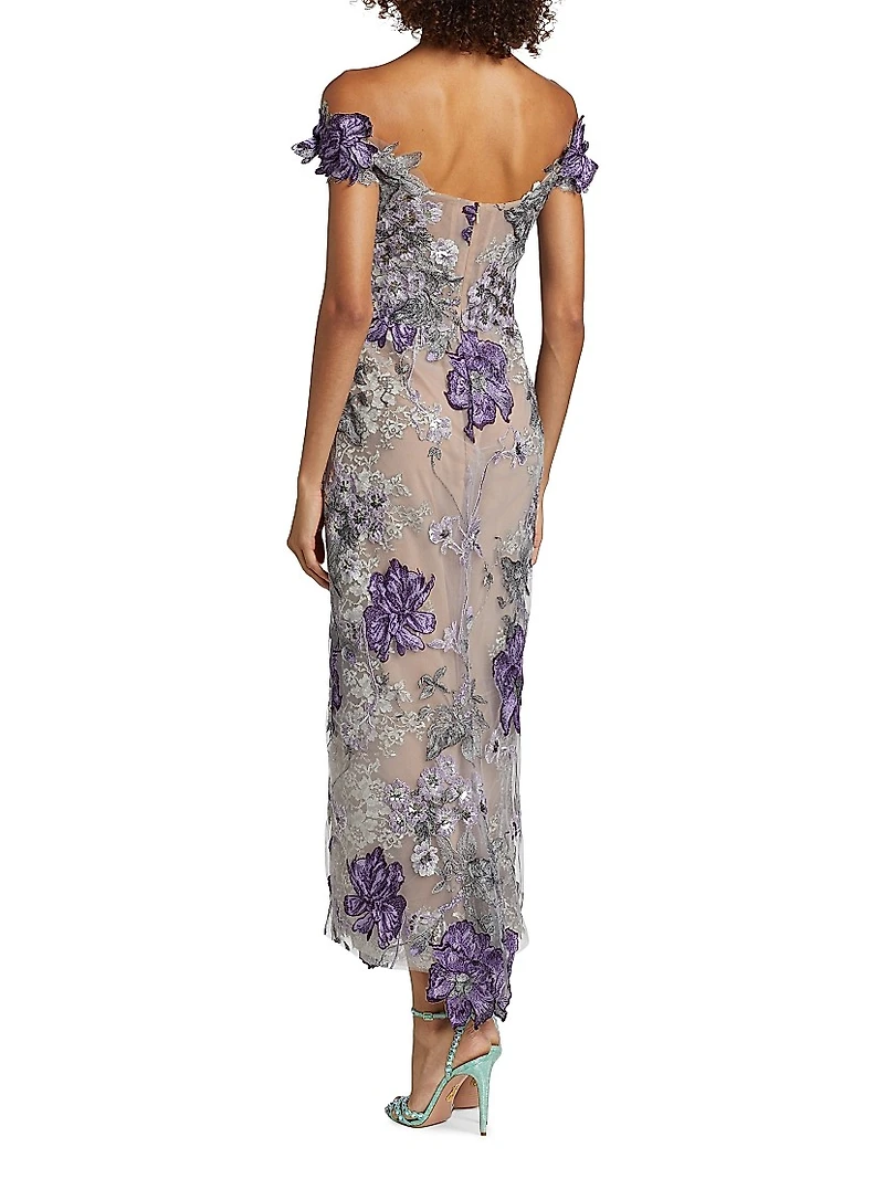 Off-the-Shoulder Floral Threadwork Embroidered Cocktail Dress