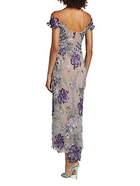 Off-the-Shoulder Floral Threadwork Embroidered Cocktail Dress