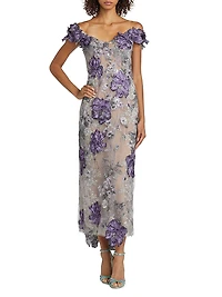 Off-the-Shoulder Floral Threadwork Embroidered Cocktail Dress