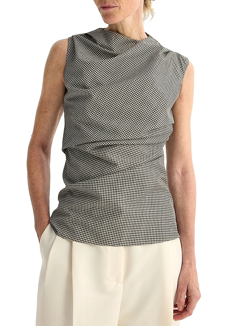 Gingham Wool-Blend Draped Top