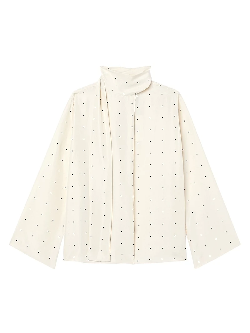 Dotted Silk Tieneck Long-Sleeve Top