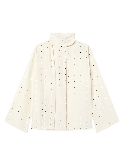 Dotted Silk Tieneck Long-Sleeve Top