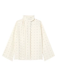 Dotted Silk Tieneck Long-Sleeve Top