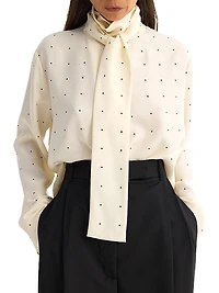 Dotted Silk Tieneck Long-Sleeve Top