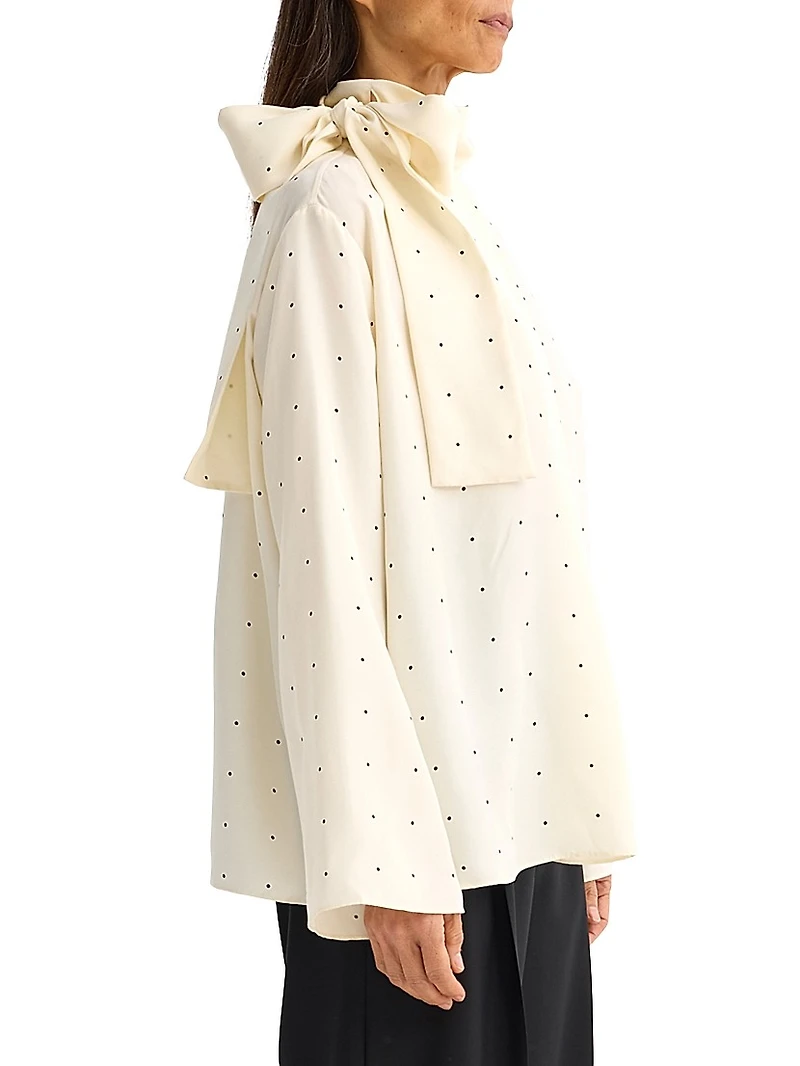 Dotted Silk Tieneck Long-Sleeve Top