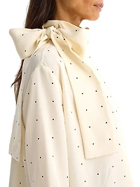 Dotted Silk Tieneck Long-Sleeve Top