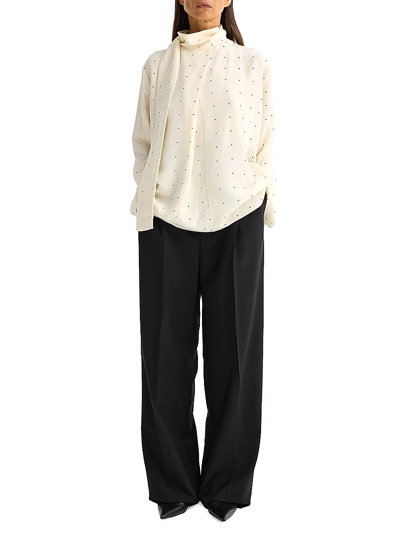 Dotted Silk Tieneck Long-Sleeve Top