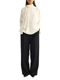 Dotted Silk Tieneck Long-Sleeve Top