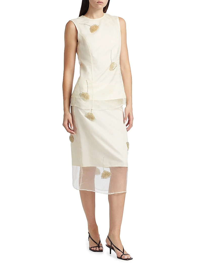 Embellished Tulip Silk Organza Pencil Skirt