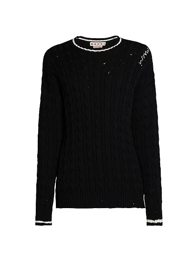 Distressed Cable-Knit Cotton Sweater