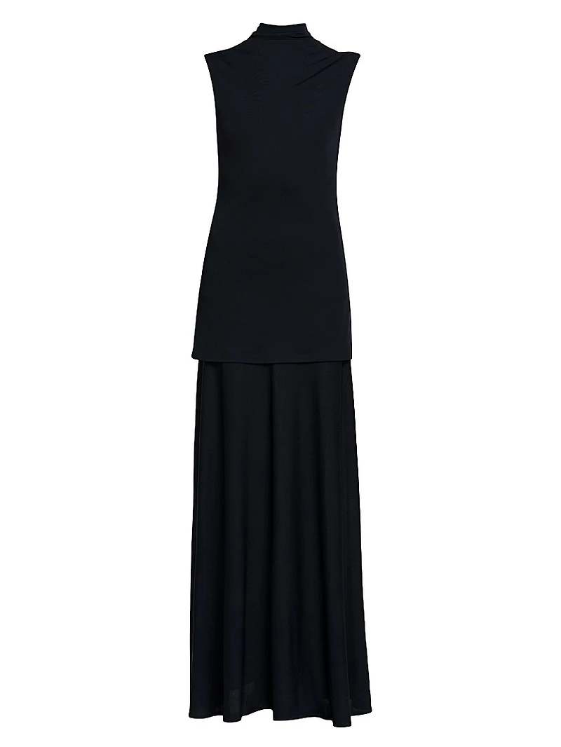 Crepe Mock-Turtleneck Maxi Dress