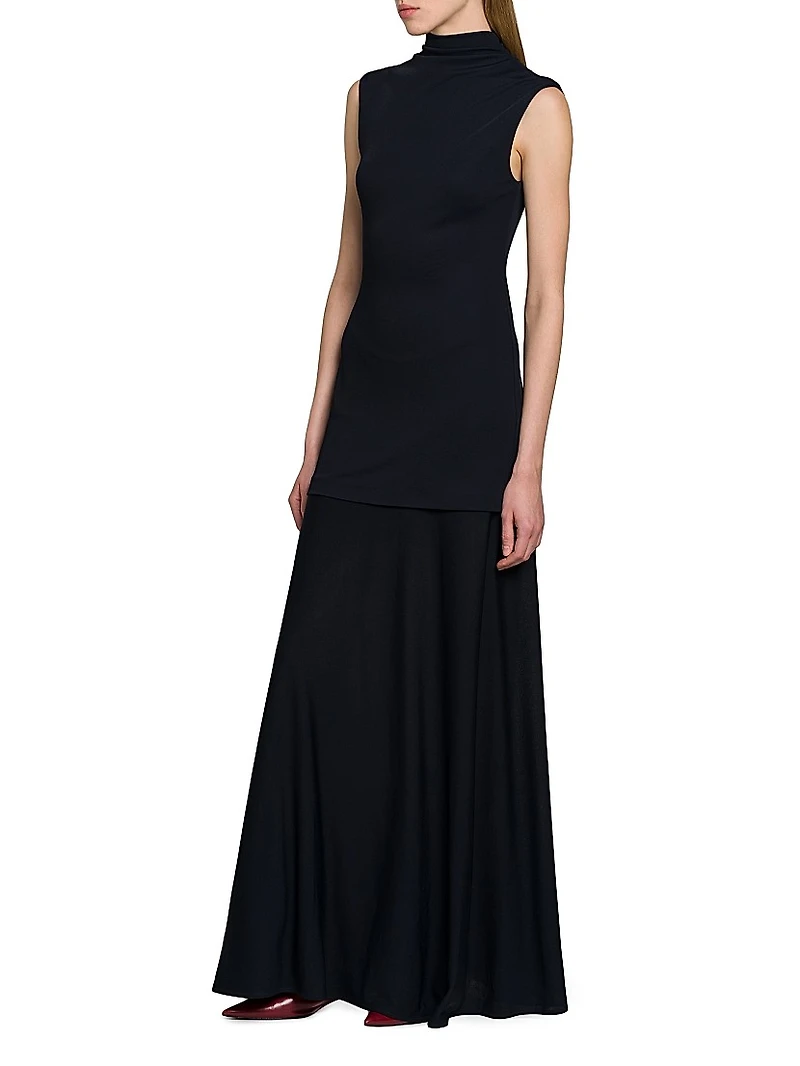 Crepe Mock-Turtleneck Maxi Dress