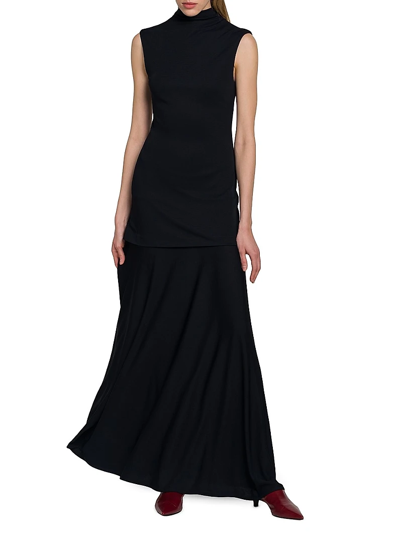 Crepe Mock-Turtleneck Maxi Dress