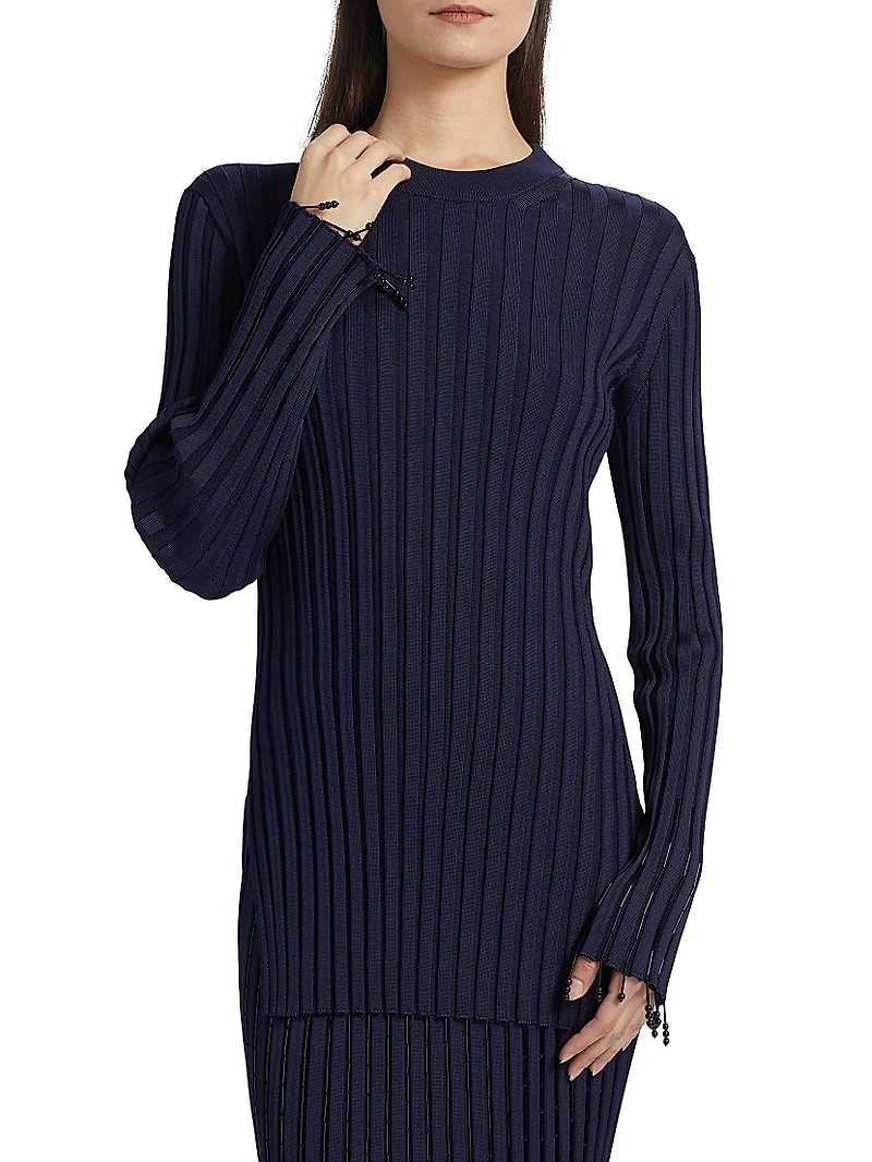 Embroidered Rib-Knit Crewneck Top