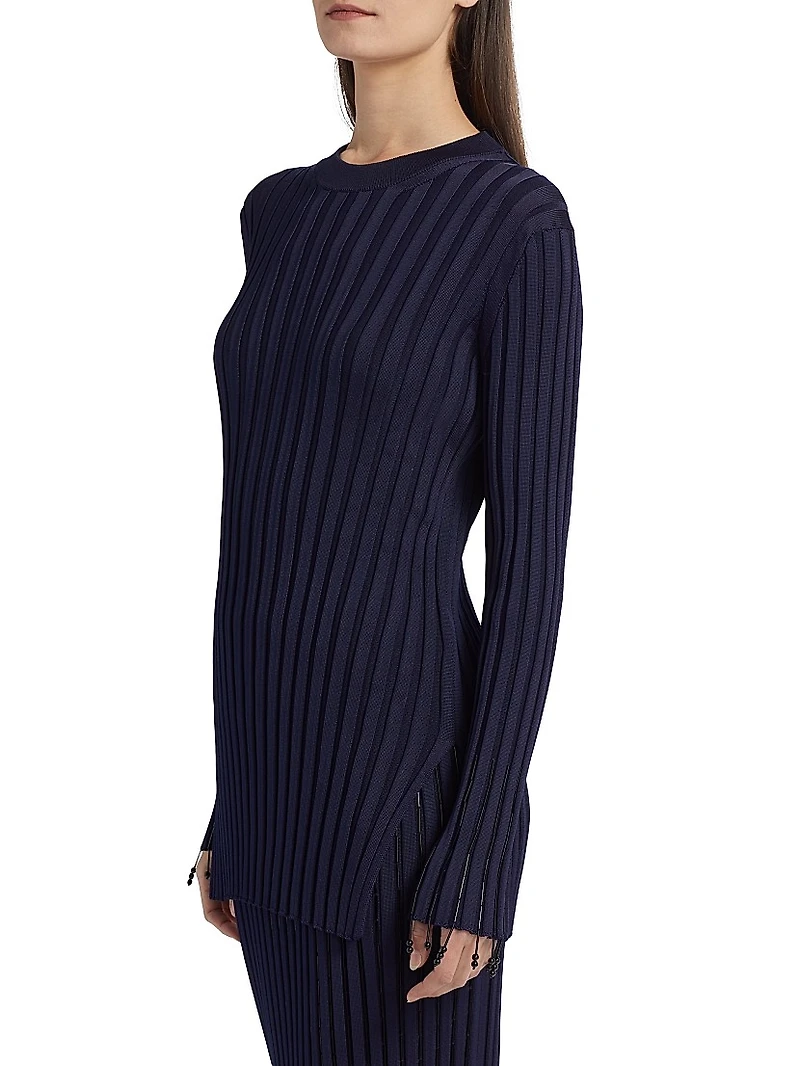 Embroidered Rib-Knit Crewneck Top