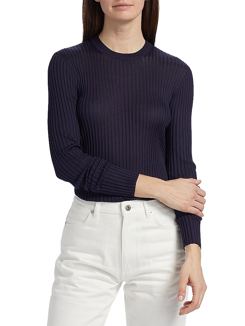 Superfine Seamless Silk Rib-Knit Sweater