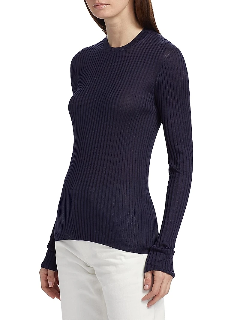 Superfine Seamless Silk Rib-Knit Sweater