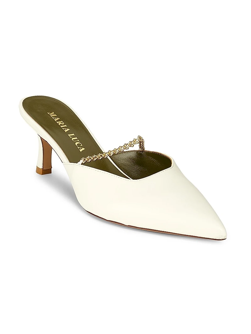 Metella Chain-Link Leather Kitten-Heel Mules