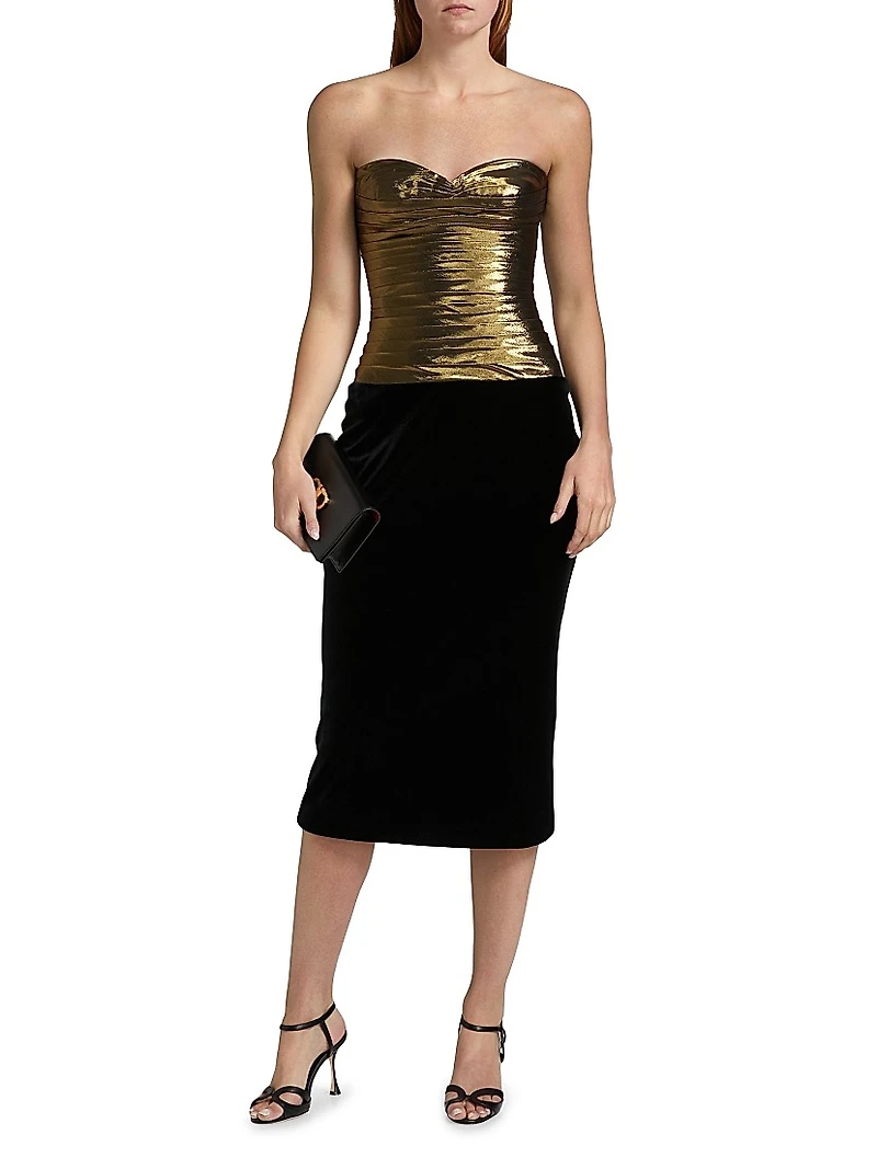 Metallic Pleated Pencil Midi-Dress