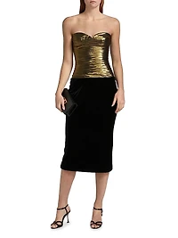 Metallic Pleated Pencil Midi-Dress