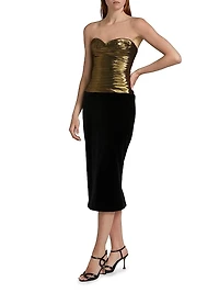 Metallic Pleated Pencil Midi-Dress