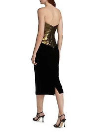 Metallic Pleated Pencil Midi-Dress