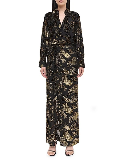Marzia Flocked Velvet Drape-Front Gown