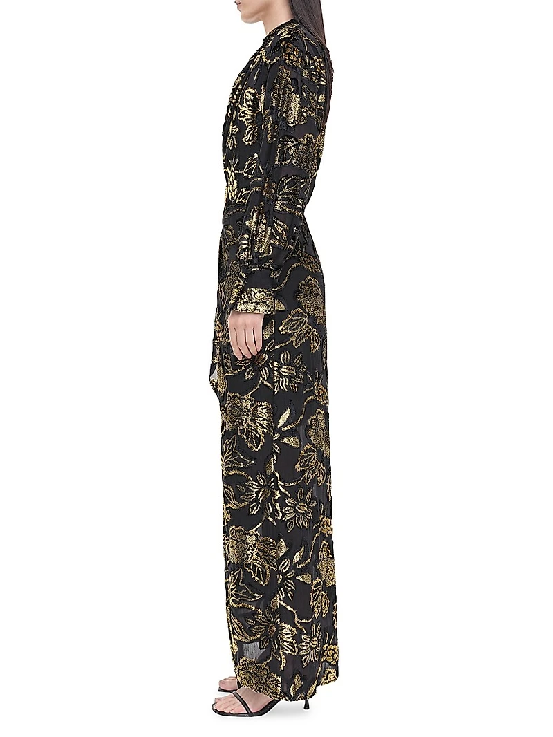 Marzia Flocked Velvet Drape-Front Gown