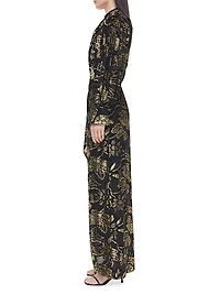 Marzia Flocked Velvet Drape-Front Gown