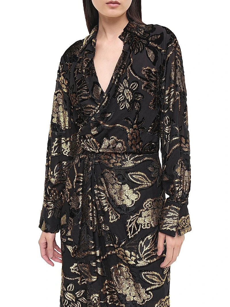 Marzia Flocked Velvet Drape-Front Gown