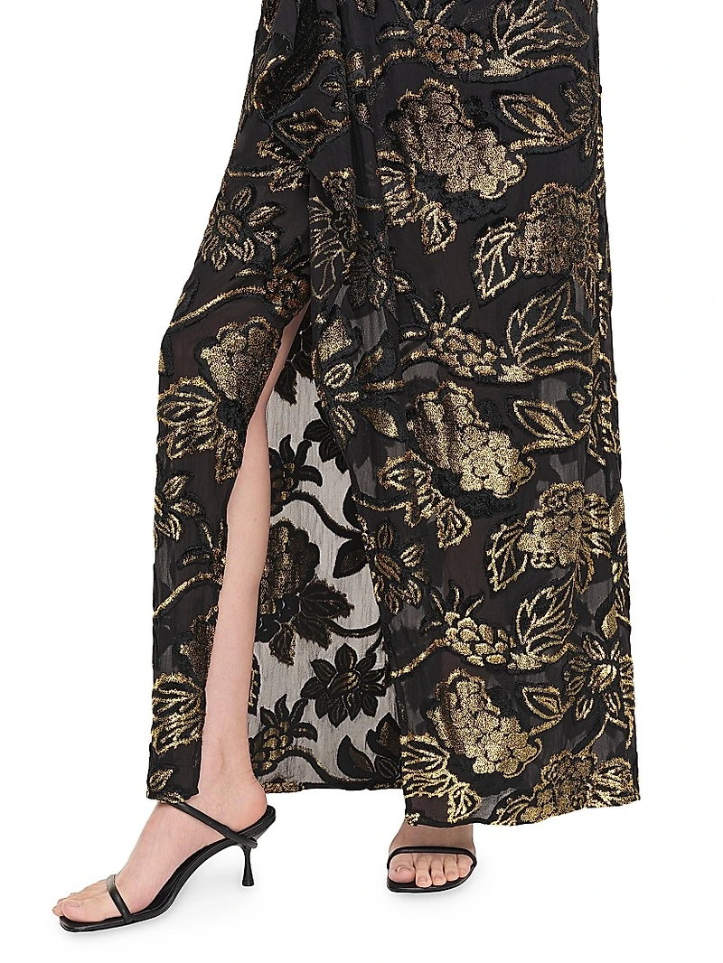 Marzia Flocked Velvet Drape-Front Gown