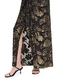 Marzia Flocked Velvet Drape-Front Gown