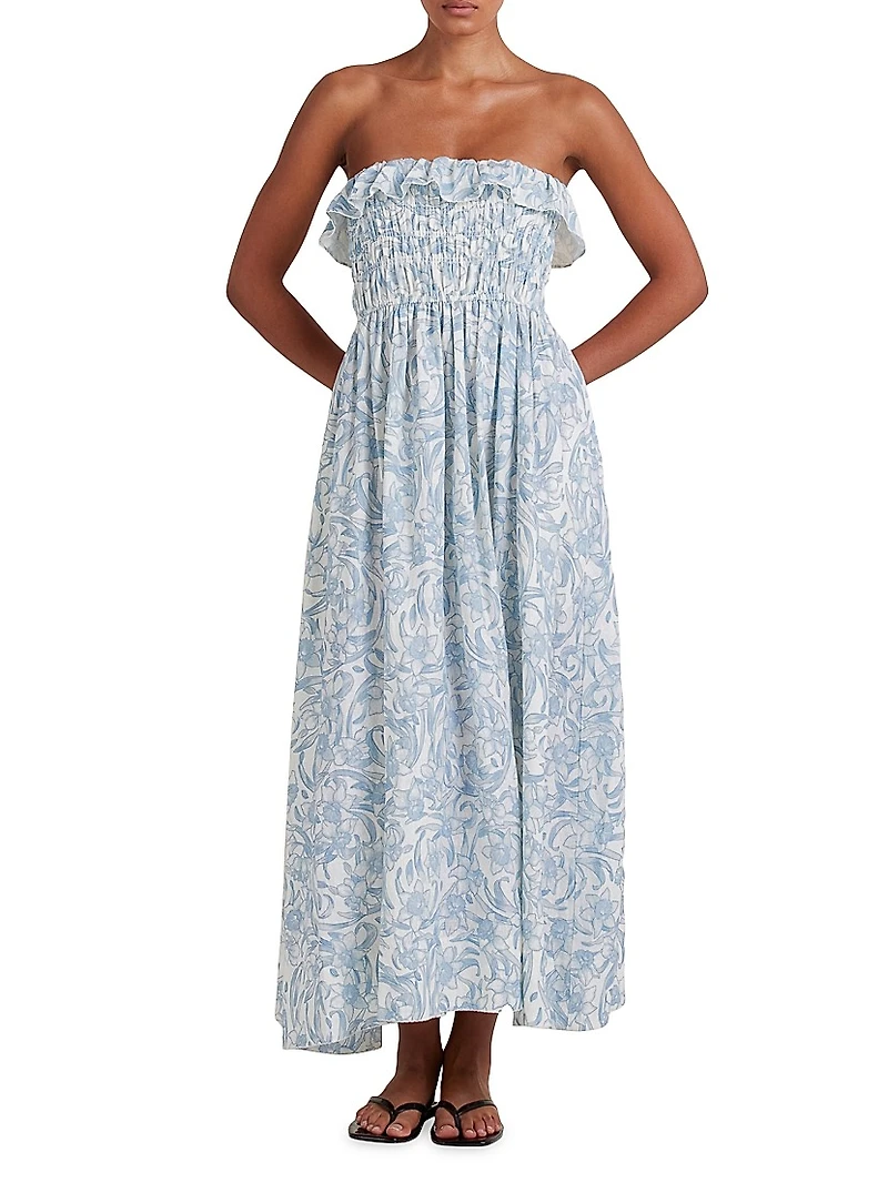 Shirred Strapless Midi-Dress