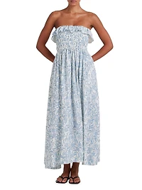 Shirred Strapless Midi-Dress