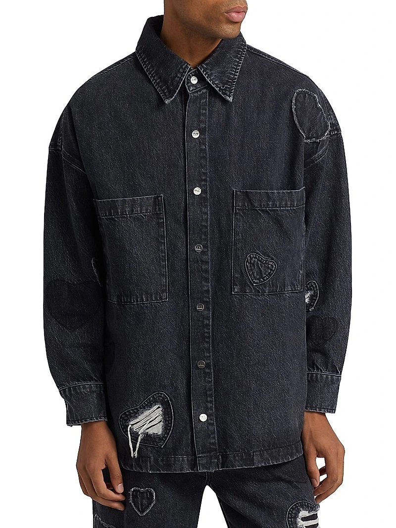 Heart Patchwork Long-Sleeve Denim Shirt