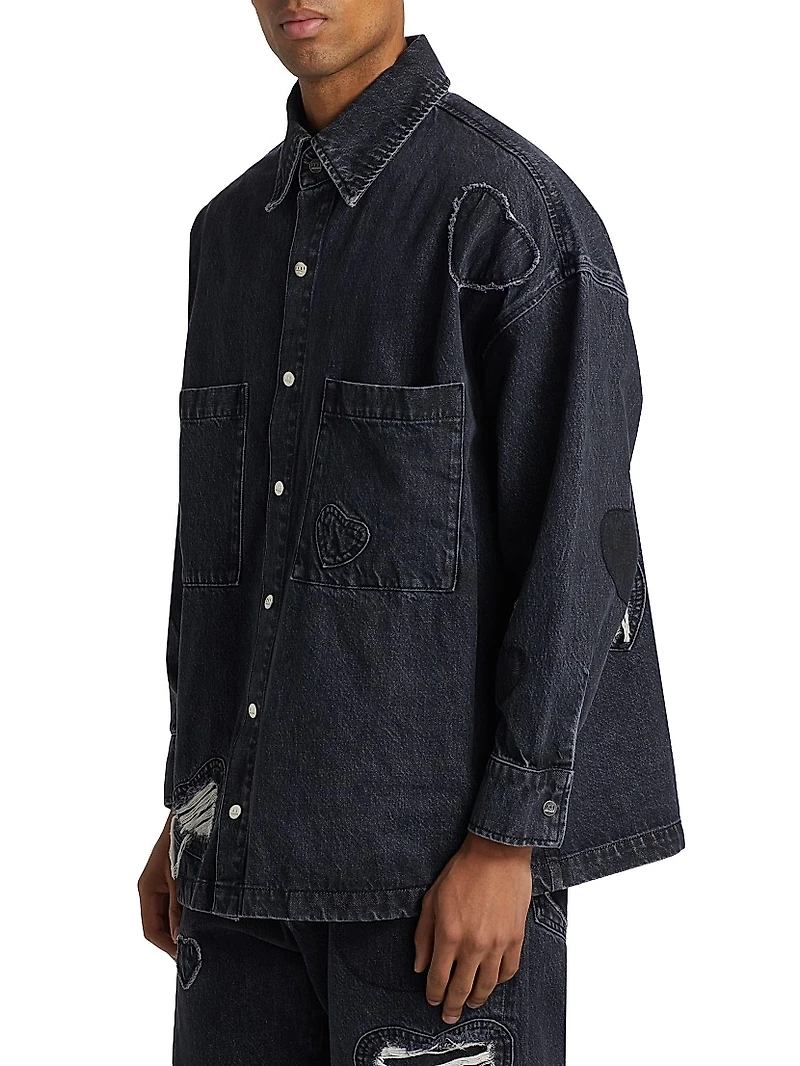 Heart Patchwork Long-Sleeve Denim Shirt
