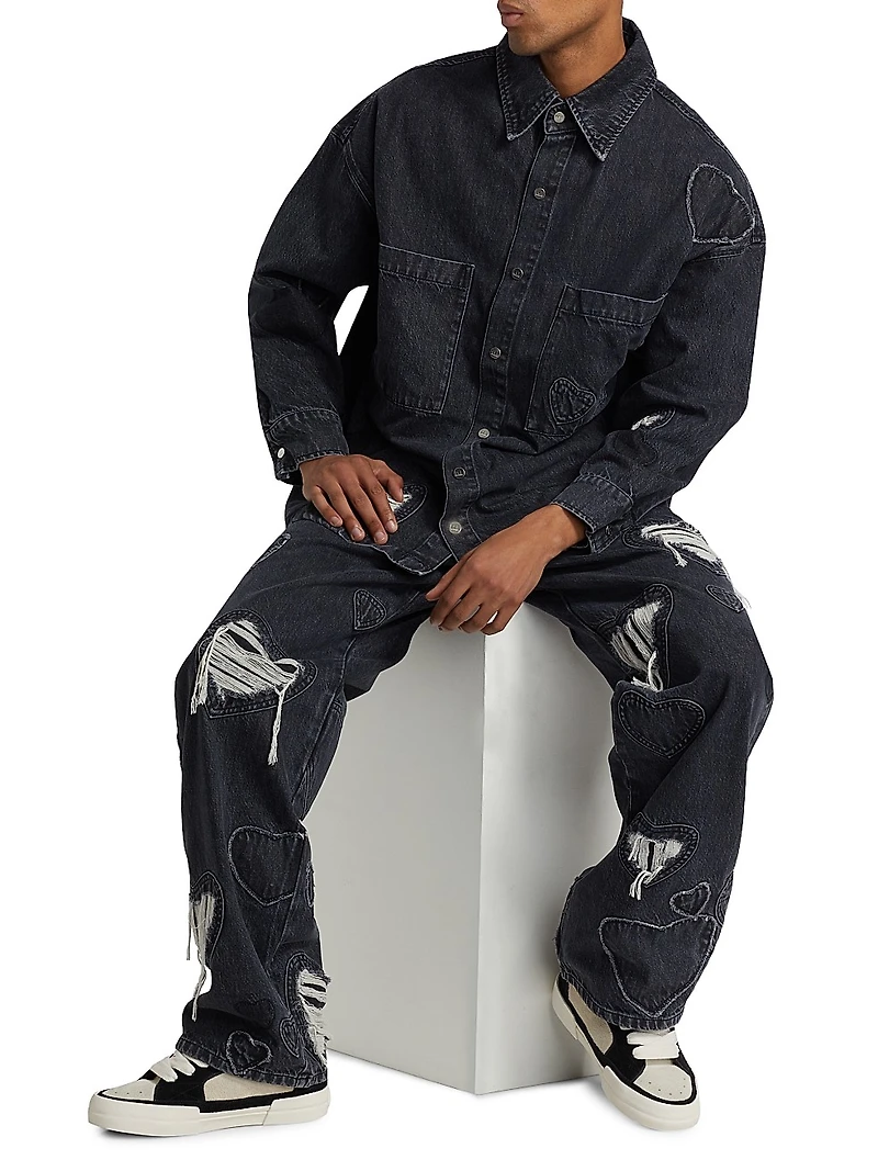 Heart Patchwork Long-Sleeve Denim Shirt