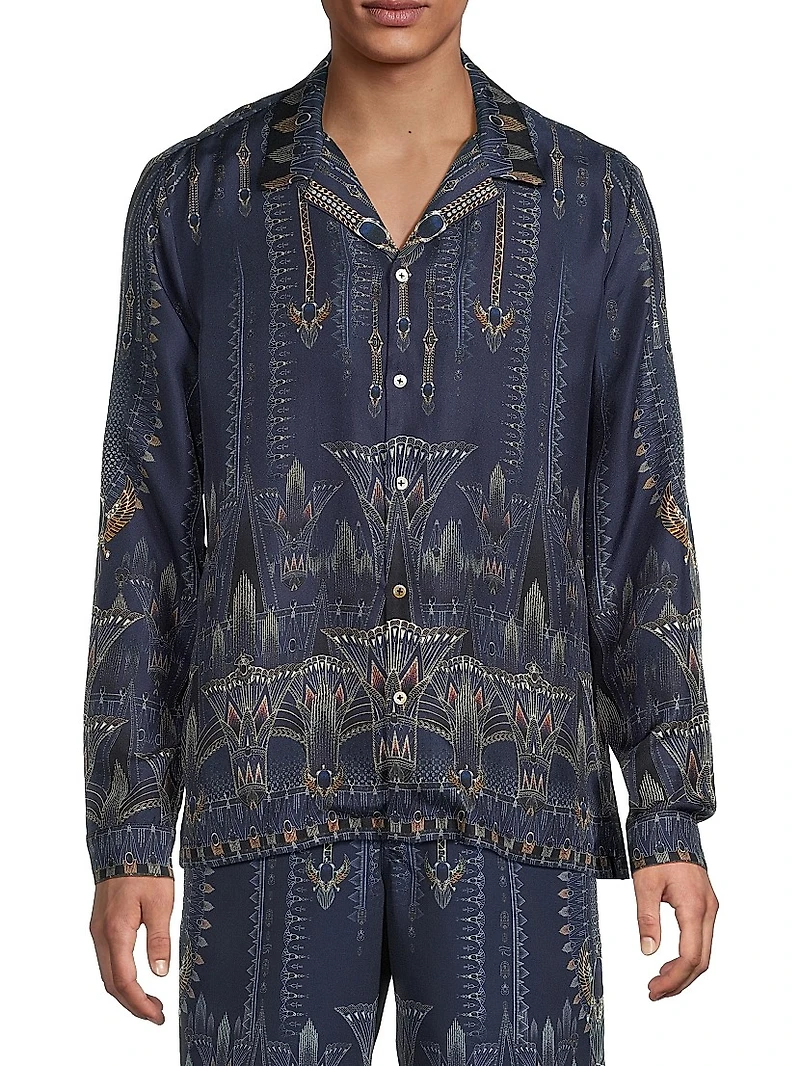 Silk Long-Sleeve Camp Collar Shirt