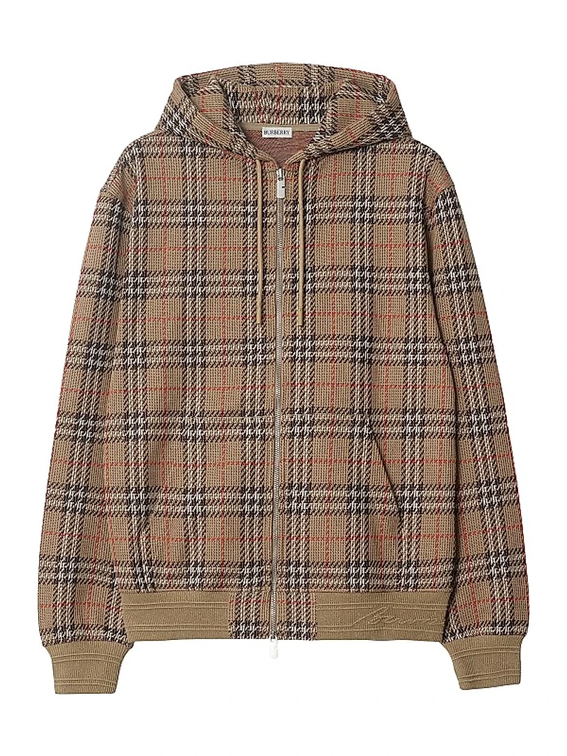 Check Stretch Cotton Zip-Front Hoodie