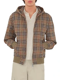 Check Stretch Cotton Zip-Front Hoodie