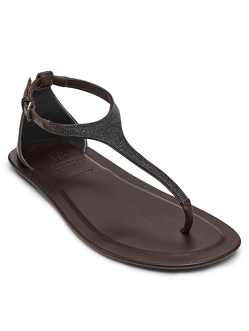 Monili Leather T-Strap Sandals