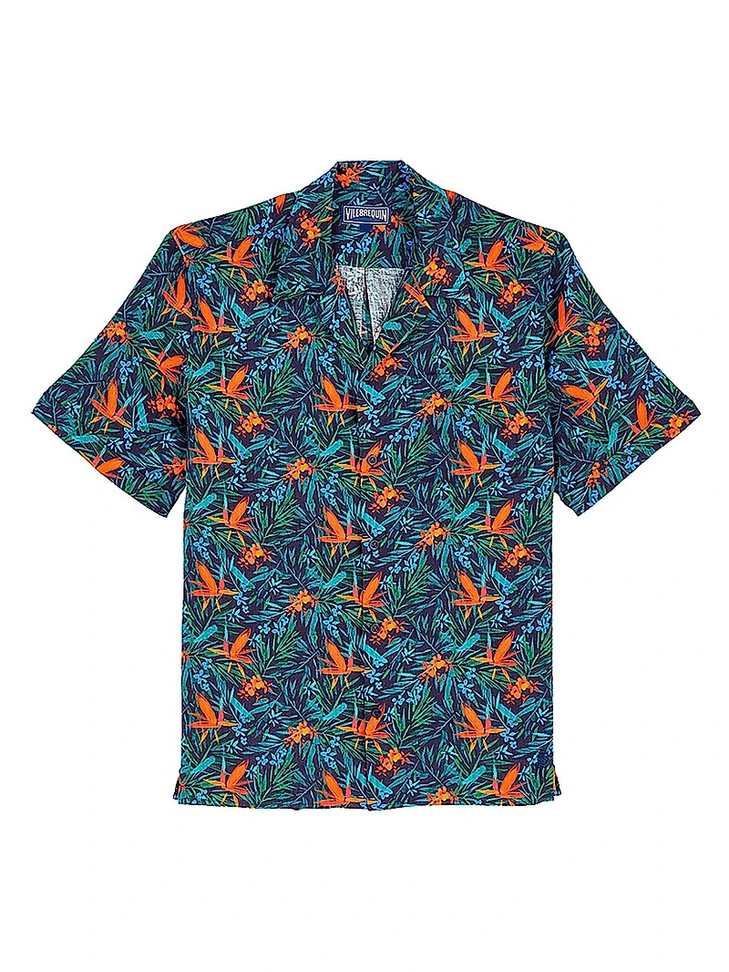 Tropical Flowers Linen Camp Shirt