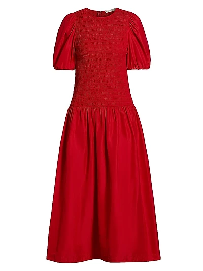 Marca Smocked Taffeta Midi-Dress